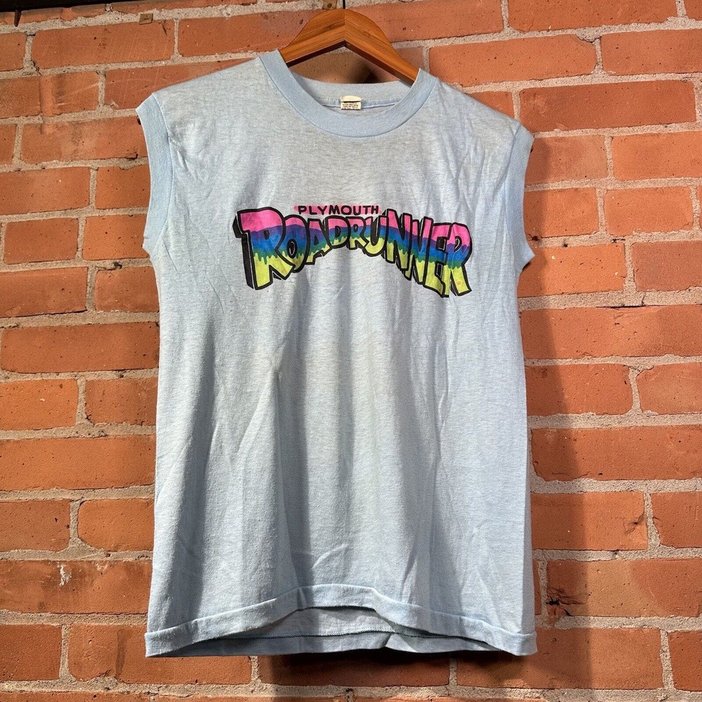 Vintage Plymouth Roadrunner Sleeveless Shirt Adult Medium Baby Blue Distressed